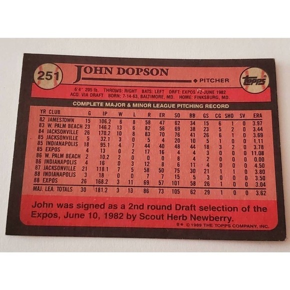 John Dopson 1989 Topps Tiffany #251 Pop.1 Montreal Expos Angels card - Picture 2 of 2
